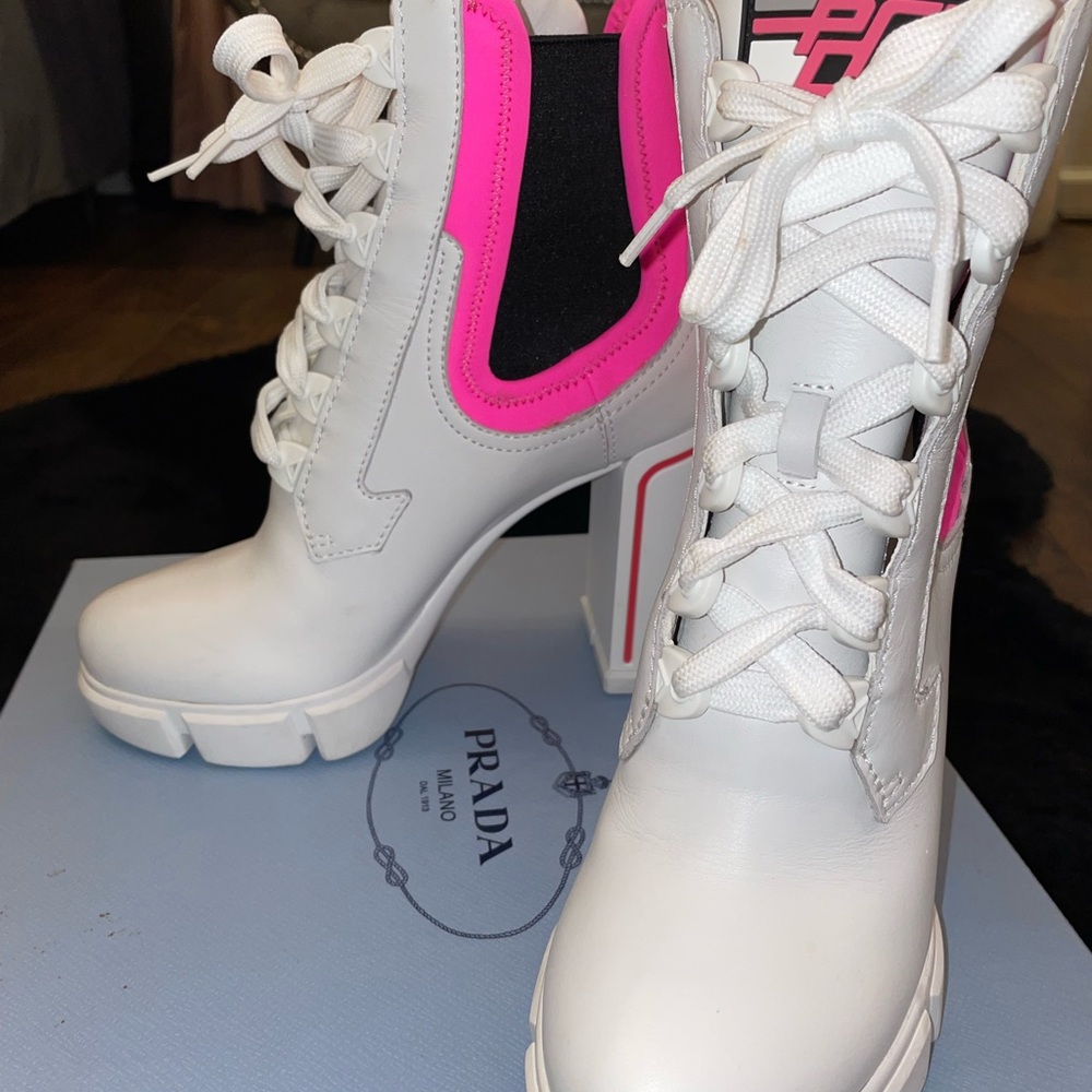 Prada White Neoprene Pink Neon Runway Booties